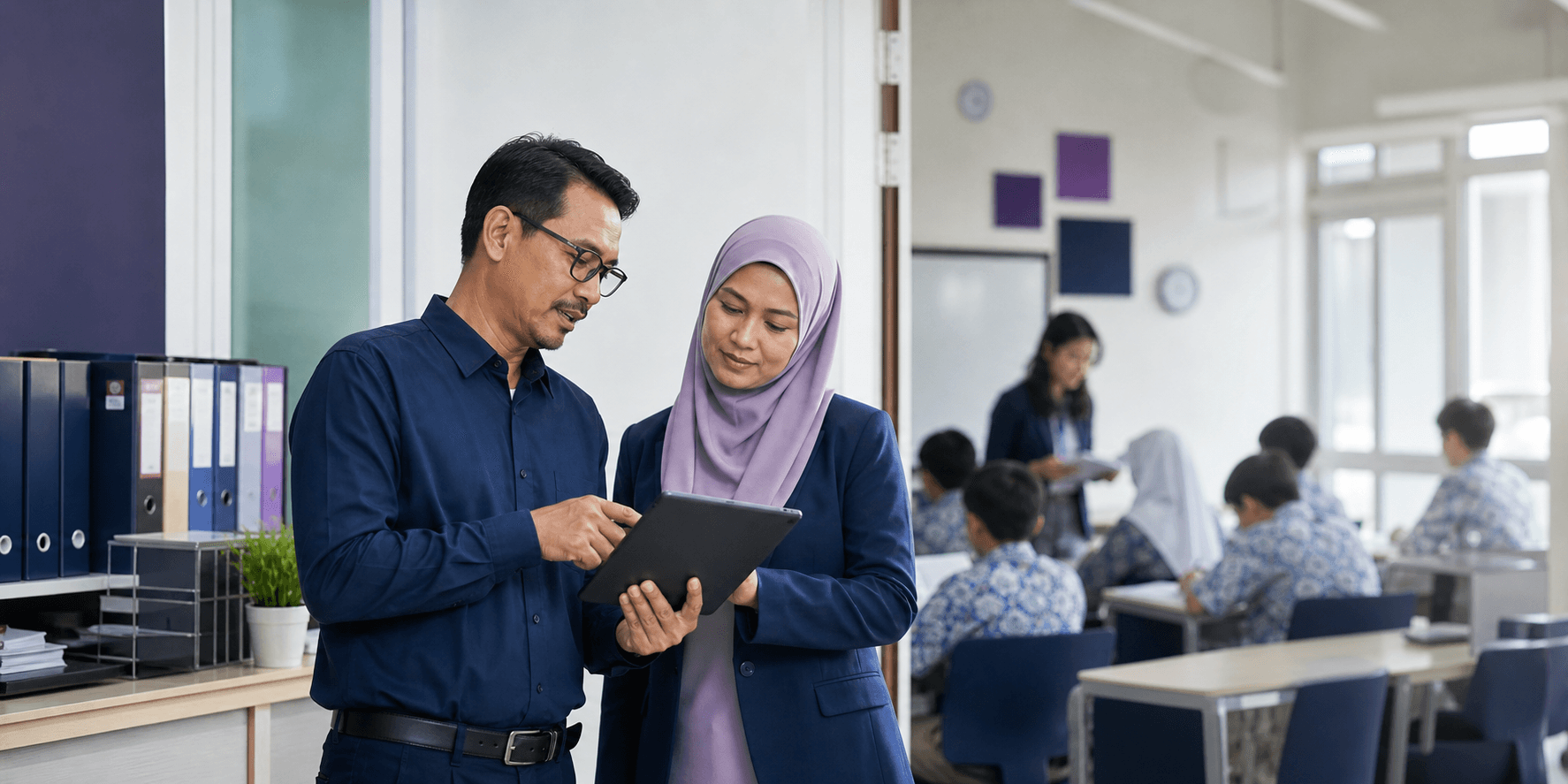 Staf sekolah Indonesia menggunakan sistem administrasi digital